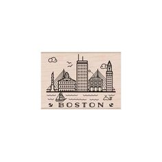 a rubber stamp with the words boston and sailboats in front of a cityscape