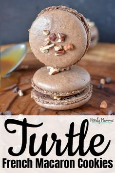 a close up of a plate of food with the title turtle french macaron cookies