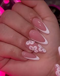 Short Almond Nails Asian, Pink And White Nails French Almond, Almond With Design, White French Almond Nails, White Nails Almond Shape, Almond Nails Designs Pink, Birthday Nails Almond Shape, Almond Nails With Gems, Grad Nails