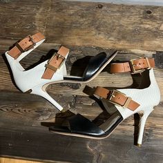 Nwot Michael- Michael Kors Tri Color Buckle Strap Peeptoe Heels Black/ Cream/ Tan Leather Gorgeous Shoes. Never Worn. No Box. White High Heel Sandals For Work, Cream Ankle Strap Heels For Office, White Open Toe Heels For Work, Cream Ankle Strap Heels With Contrasting Heel Counter, Cream Heels With Wrapped Heel For Work, Beige Ankle Strap Sandals For Work, Chic Cream Heels With Contrasting Heel Counter, Cream Open Toe Heels For Work, Gorgeous Shoes