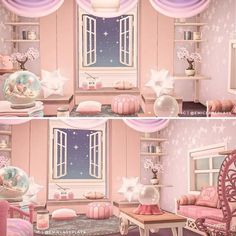 two pictures of a pink room with stars and moon decorations on the windowsills