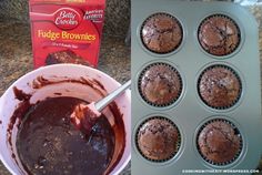 chocolate cupcakes with fudge brownies in a muffin tin next to a bag of fudge brownies