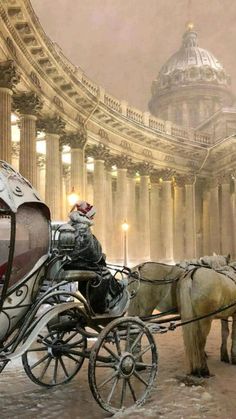 two horses pulling a carriage in front of a large building with columns and arches on it