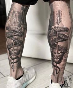 Work by@calligraphiti91 Mens Snake Tattoo Leg, Snake Tattoo Calf, Snake Tattoo Design For Men, Snake Tattoo Leg, Snake Tattoo Men, Snake Leg Tattoo, Snake Forearm Tattoo, Snake Sleeve Tattoo, Viper Tattoo