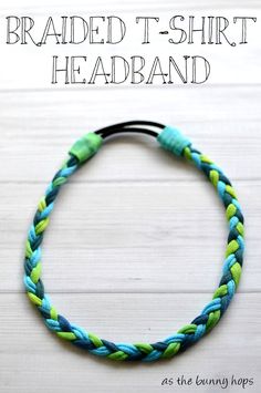 the braided t - shirt headband is made with blue and green yarn