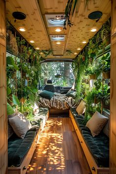 the inside of an rv with plants and couches