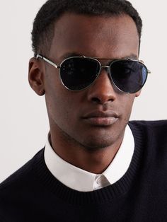 Dior Eyewear's aviator-style sunglasses make a bold statement. They have blue mirrored lenses patterned with the collection's 'CD Diamond' motif to match the silver-tone metal engravings and tortoiseshell acetate tips. Dior Aviator Sunglasses, Aviator Style, Metal Sunglasses, Metal Engraving, Gold Sunglasses, Sunglasses & Glasses, Aviator Sunglasses, Silver Man, Fashion Sunglasses