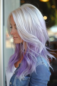 57+ Trending Ombre Hair Color Ideas Blonde To Purple Balayage, Blonde Highlights Purple Lowlights, Platinum Hair With Purple Highlights, Blonde And Pastel Purple Hair, Platinum Blonde With Purple Underneath, Blonde Hair Color Ideas With Purple, Silver Hair With Pop Of Color, Silver Purple Pink Hair, Platinum Blonde Hair With Peekaboo Color