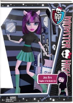 a doll with purple hair and black dress