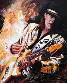 a painting of a man playing an electric guitar