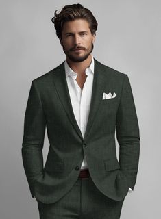 a man in a green suit and white shirt