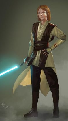 a woman in a star wars outfit holding a light saber