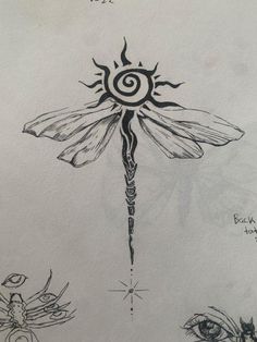 a drawing of a dragonfly with two eyes and an eyeball in the middle