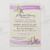 starfish and ribbon on sand with purple ribbon, wedding program announcement postcard card