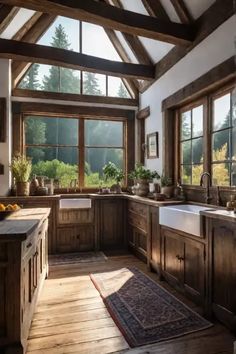 a large kitchen with wooden cabinets and windows