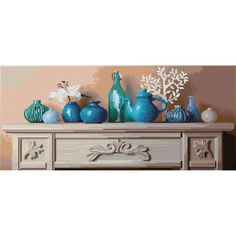 a painting of blue vases and other items on a white dresser with snowflakes in the background