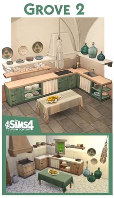 the kitchen is clean and ready for us to use in the game, which features green cabinets