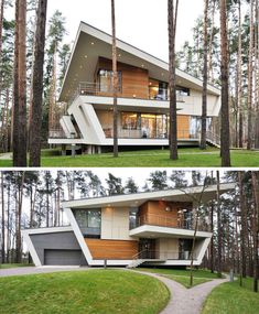 two different views of a house in the woods with stairs leading up to it's roof