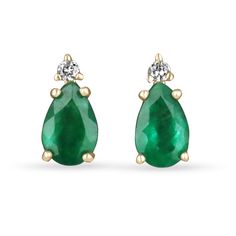 Elegance defined! These teardrop emerald and diamond earrings are fashioned in solid 14k yellow gold. These studs feature genuine Brazilian emeralds accented with natural white diamonds. The emeralds have a combined 1.60 total carat weight and a medium green hue that contrasts with the flashing fire of the diamonds. The brilliant round diamonds have a combined 6 points. Setting Style: Emerald & Diamond Studs Setting Weight: 2.0 grams Setting Material: 14K Yellow Gold  Main Stone: Brazilian Emerald Shape: Pear Cut Weight Total: 1.60 Carats Total Stones: 2 Cut: Excellent Clarity: Semi-Transparent Color: Green Luster: Very Good Treatment: Natural, Oiling Secondary Stone: Diamonds Shape: Brilliant Round Weight Total: 0.06 Carats Total Stones: 2 Cut: Excellent Clarity: VS Color: H-I Luster: Exc Classic Teardrop Earrings For May Birthstone, Green Teardrop Diamond Earrings For Anniversary, Classic Teardrop May Birthstone Earrings, Fine Jewelry Pear-shaped Earrings For May Birthstone, Classic Pear-shaped May Birthstone Earrings, Green Teardrop Diamond Earrings, Fine Jewelry Pear-shaped May Birthstone Earrings, Pear-shaped Emerald Earrings As A Gift, Green Teardrop Diamond Earrings Fine Jewelry