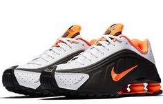 Nike Shox R4 Black Total Orange 104265-046 Nike Shox Turbo, Nike Shox R4, Molten Gold, Nike Shox Nz, Tenis Nike, Sneaker Release, Nike Shox, Nike Fashion, Gym Shoes