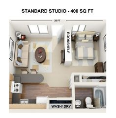 an overhead view of a small studio apartment