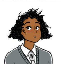 a drawing of a girl with curly hair wearing a gray sweater and white dress shirt