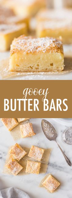 some food that is on top of a white counter with the words gooey butter bars