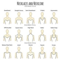 Necklaces and neckline, what to wear? Its a question we get almost daily! Finding the right necklace to wear with your neckline can sometimes be a challenge for a lot of us. This is simply because we are generally so focused on colors that we tend to miss how important shape and size fits into the equation. Neckline Guide, Types Of Necklines, Pear Shaped Diamond Necklace, Jewish Star Necklace, Wedding Dress Necklace, Different Necklines