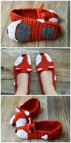 the crocheted slippers are made to look like foxes