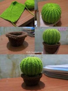 crocheted cactus sitting on top of a wooden table