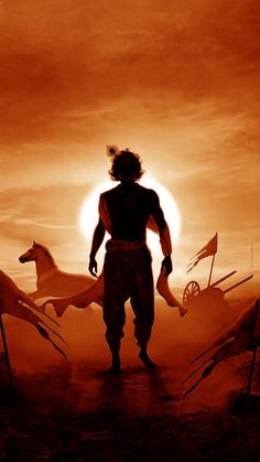 the silhouette of a man standing in front of a horse and flag with an orange sky behind him