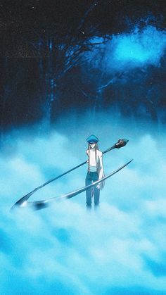 a man standing on top of a cloud covered ground holding a long metal oar