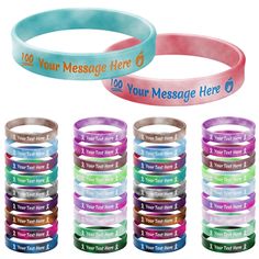 bracelets with words on them are shown in different colors and sizes, including one for each