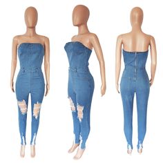 Fashion Ripped Zip Tube Top Slim Denim Jumpsuit Trendy Fitted Distressed Denim Jumpsuit, Summer Denim Jumpsuit With Zipper Closure, Trendy Denim Jumpsuit With Zipper Closure, Casual Denim Jumpsuit With Zipper Closure, Spring Denim Jumpsuits And Rompers With Zipper, Denim Jumpsuits And Rompers With Zipper For Spring, Casual Denim Jumpsuits And Rompers With Zipper Closure, Denim Jumpsuits And Rompers For Spring, Spring Fitted Ripped Jumpsuits And Rompers