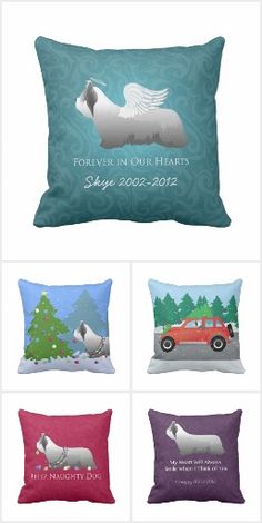 four different pillows with dogs on them and the words forever in our hearts written below