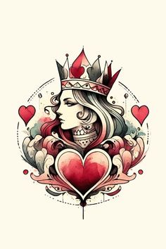 tattoos Queen Playing Card Design, Queen Of Hearts Design, Queen Graphic Design, Queen Of Hearts Wallpaper, Queen Tattoo For Women, Queen Of Hearts Art, Playing Card Tattoo, Queen Tattoos, Queen Of Love