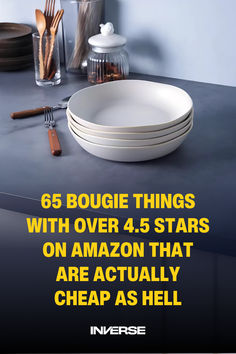 there are five plates on the table with forks and spoons in front of them that say, 65 bougie things with over 4 5 stars on amazon that are actually cheap as hell