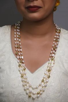 Shop for Ishhaara Layered Baroque Pearl Necklace Online at Aza Fashions Gold Pearl Necklace With Polished Beads For Party, Festival Pearl Drop Necklace With Round Beads, Elegant Gold Mala For Celebrations, Elegant Festive Pearl Necklace With Beaded Chain, Gold Pearl Beaded Chain Beads, Gold Pearl Beaded Chain, Celebration Pearl Necklace With Gold Beads, Festive Gold Beaded Pearl Necklace, Polished Pearl Necklace For Festivals