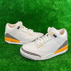 Original With Box Women Size: 9 Men Size: 7 1/2 Only Worn Once White Leather Jordan Shoes With Perforated Toe Box, White Low-top Jordan Shoes With Perforated Toe Box, White Leather Jordan Shoes With Perforations, Custom White Sneakers With Perforated Toe Box, White Jordan Shoes With Perforated Toe Box, Jordan Orange, Jordan 3 Retro, Air Jordan 3 Retro, Womens Jordans