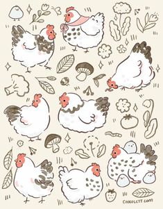 chickens and other farm animals are depicted in this hand drawn doodle style illustration by person