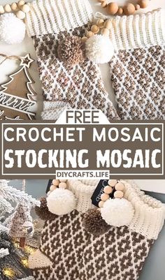 free crochet mosaic stocking pattern with text overlay that reads, free crochet mosaic stocking mosaic