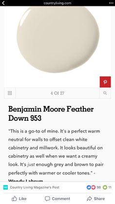 an image of a white paint with the words benjamin moore feather down 953 on it