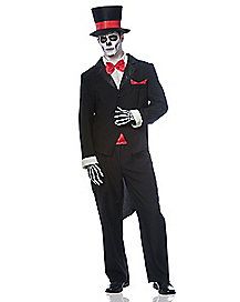 a skeleton dressed in a suit and top hat