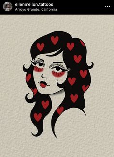 a woman's face with red hearts on her forehead and eyes painted onto it