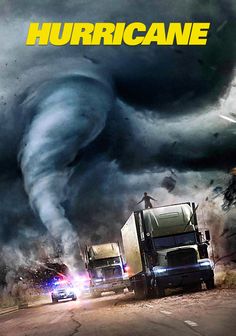 a large truck driving down a road next to a huge tornado in the sky above it