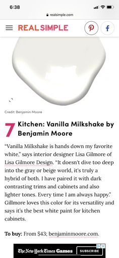 the website for kitchen vanila milkshake by benjanin moore is displayed