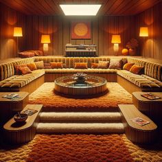 a living room filled with lots of couches and pillows on top of carpeted flooring