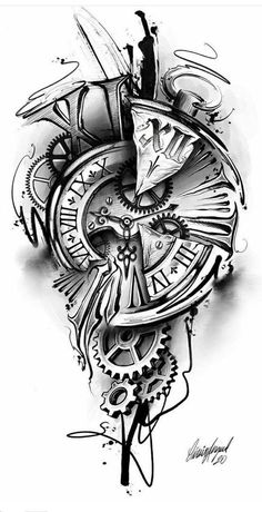 a black and white drawing of a clock