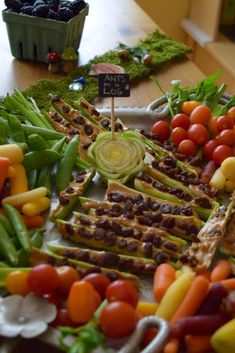 an assortment of fruits and vegetables are arranged on a table with a sign that says not to eat