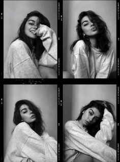 four different pictures of a woman with long hair and wearing a white shirt, posing for the camera